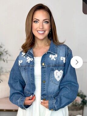 Rareraw Blue Denim Cropped Jacket with White Heart & Bow Appliqués New Sz Small